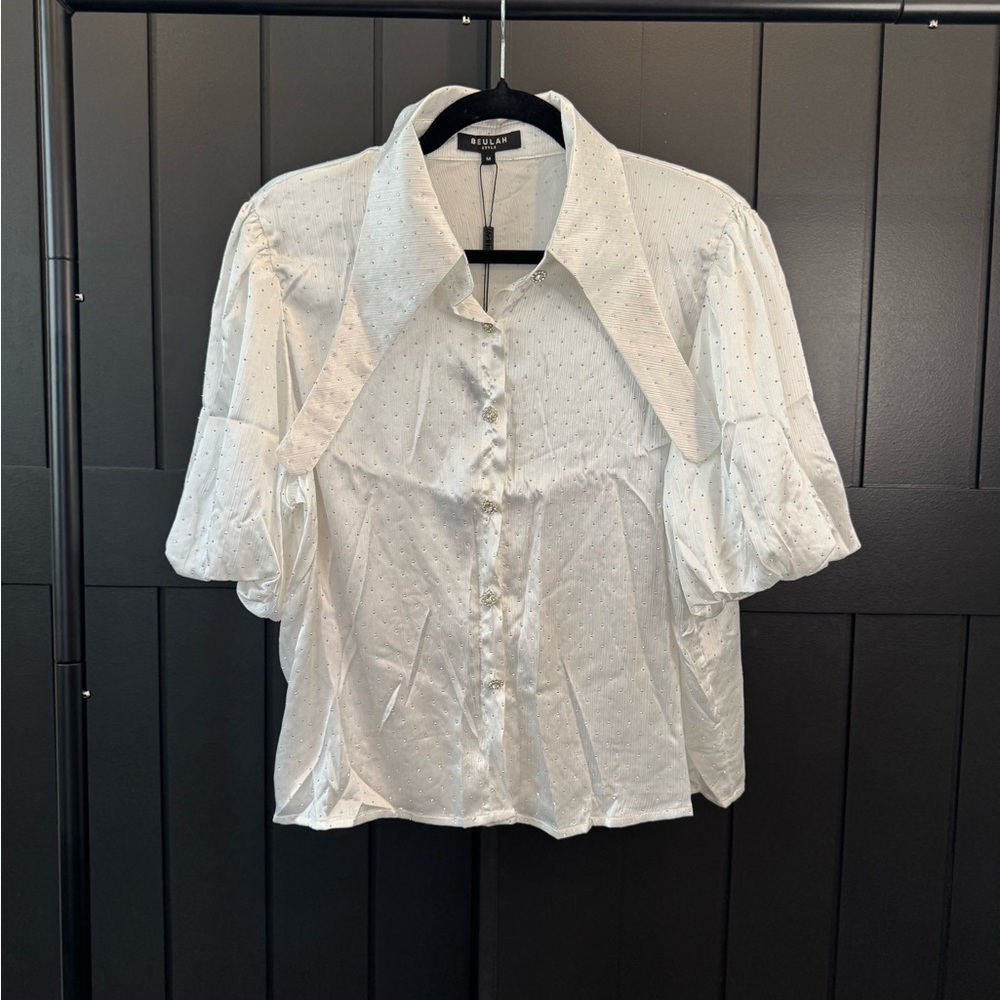 Beulah White Rhinestone Button-Up Blouse